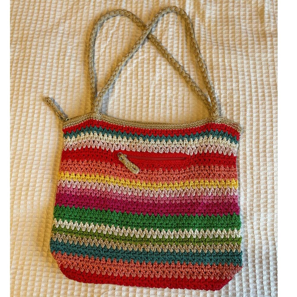 The Sak Boho Multicolor Striped Crochet Soft Crossbody Zip Closure Purse Handbag - Picture 5 of 15